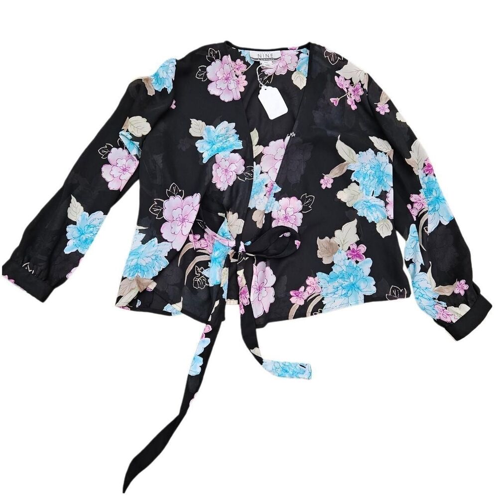 y2k boho festival black floral blouse shrug with tie front bow detail